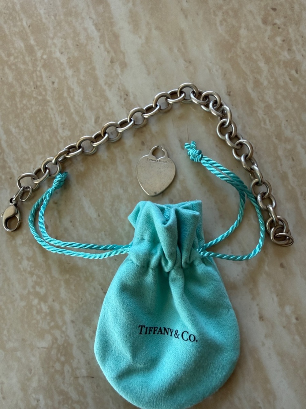 Tiffany & Co. Sterling Link Bracelet with Heart Tag and Blue Pouch